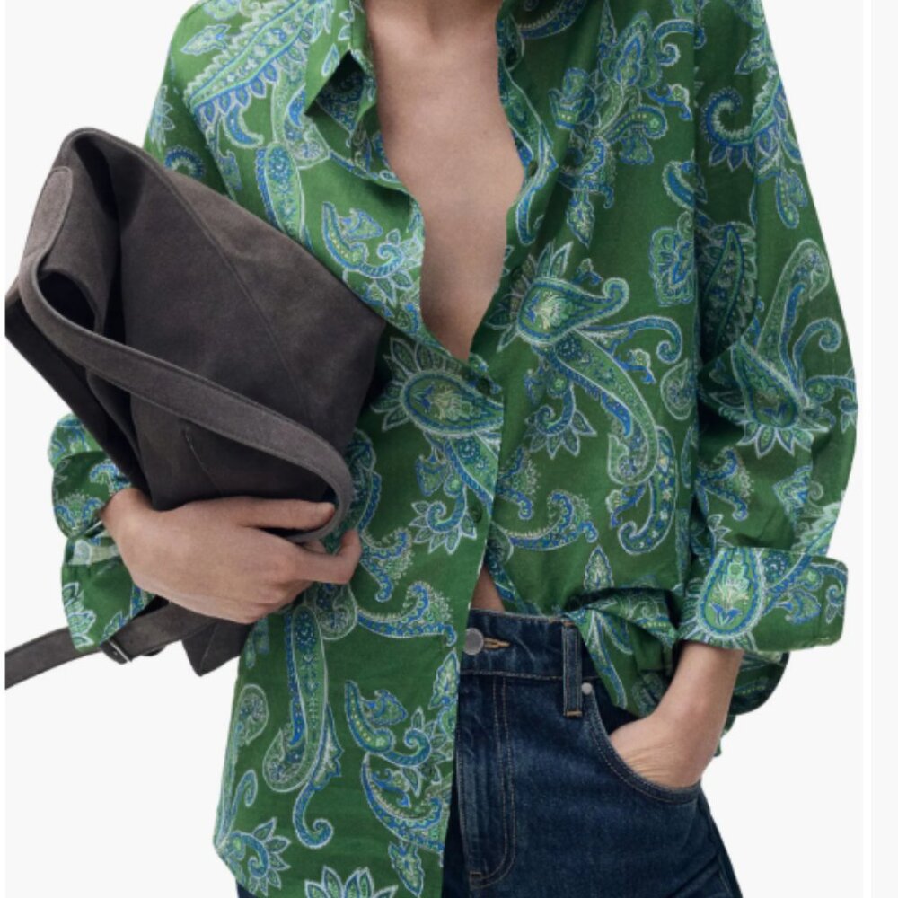 MNG Mango Green Paisley Print Long Sleeve Cotton Button Down Shirt